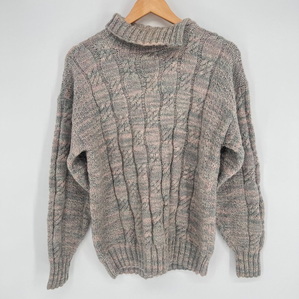 Hand Knit Womens Cable knit Fisherman Sweater Sz L Chunky Mohair Blend Gray